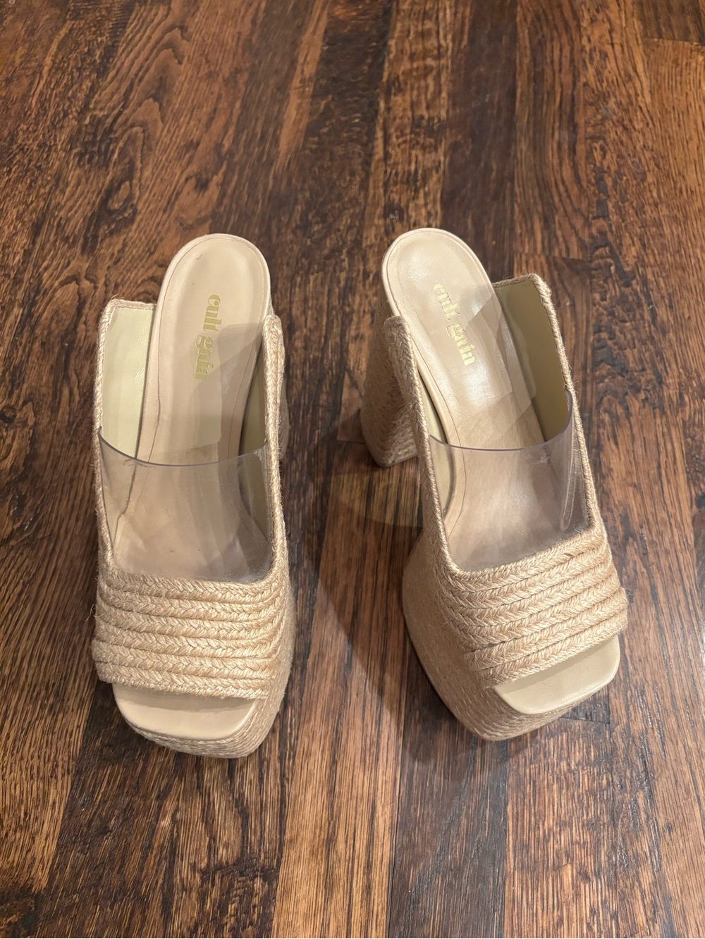 cult gaia Natural Raffia Platform Mules with Clear Strap